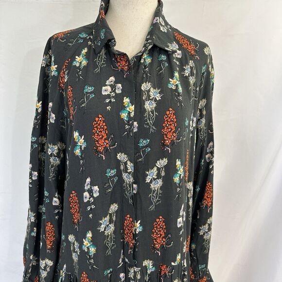 Natural Life Dark Gray Floral Maxi Peasant Dress LARGE Boho Tiered Long Sleeve - Picture 2 of 8